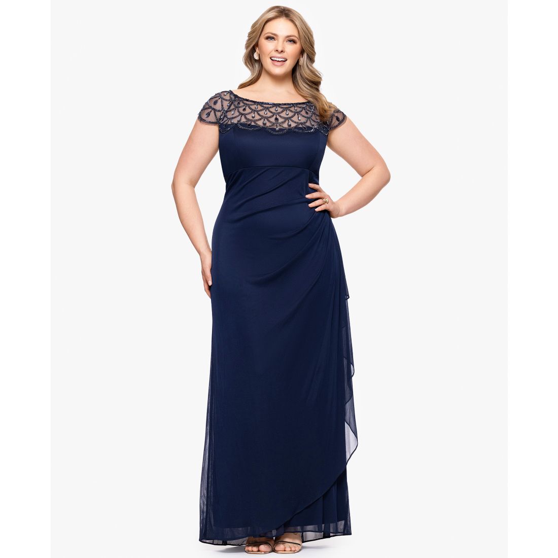 Xscape Plus Size Sheer Boat-Neckline Long Sheath Dress
