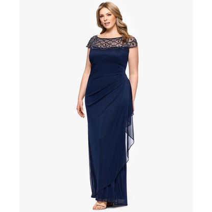 Xscape Plus Size Sheer Boat-Neckline Long Sheath Dress