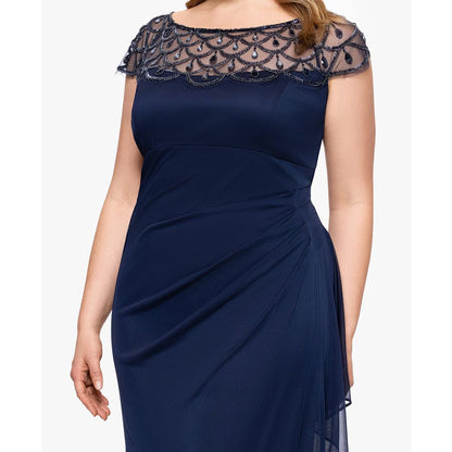 Xscape Plus Size Sheer Boat-Neckline Long Sheath Dress