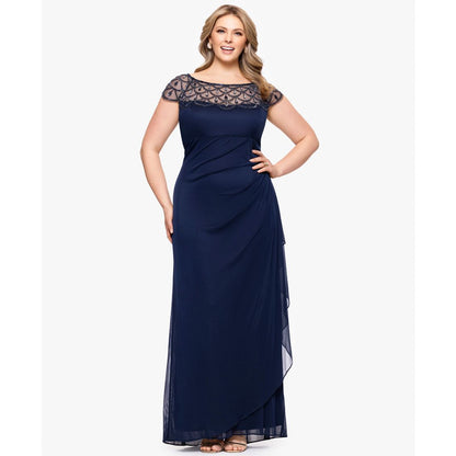 Xscape Plus Size Sheer Boat-Neckline Long Sheath Dress