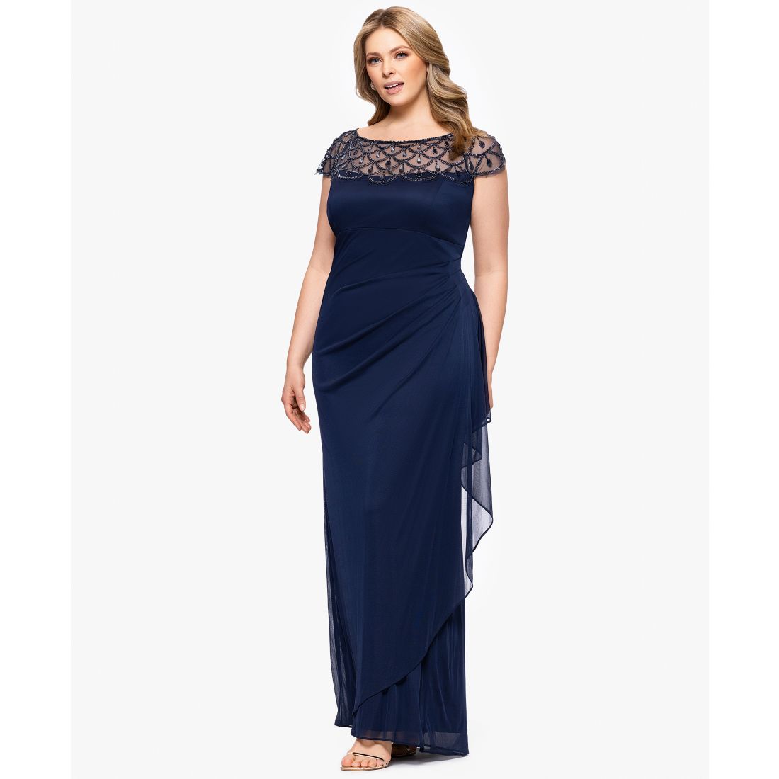 Xscape Plus Size Sheer Boat-Neckline Long Sheath Dress