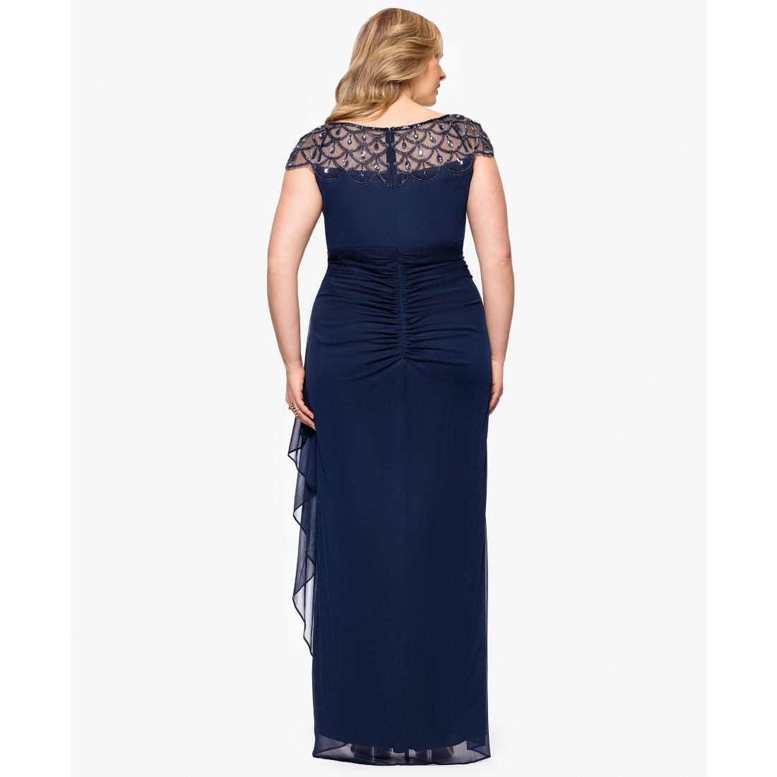 Xscape Plus Size Sheer Boat-Neckline Long Sheath Dress