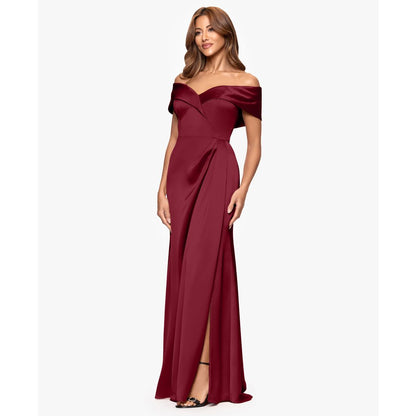 Xscape Women's Off-The-Shoulder Short Sleeve Satin Long Dress