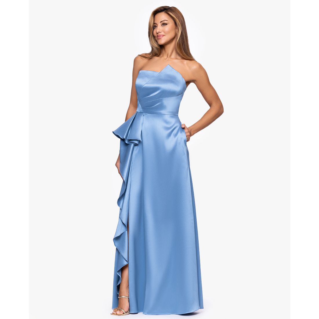 Xscape Women's Strapless Side Ruffle Satin Ball Gown