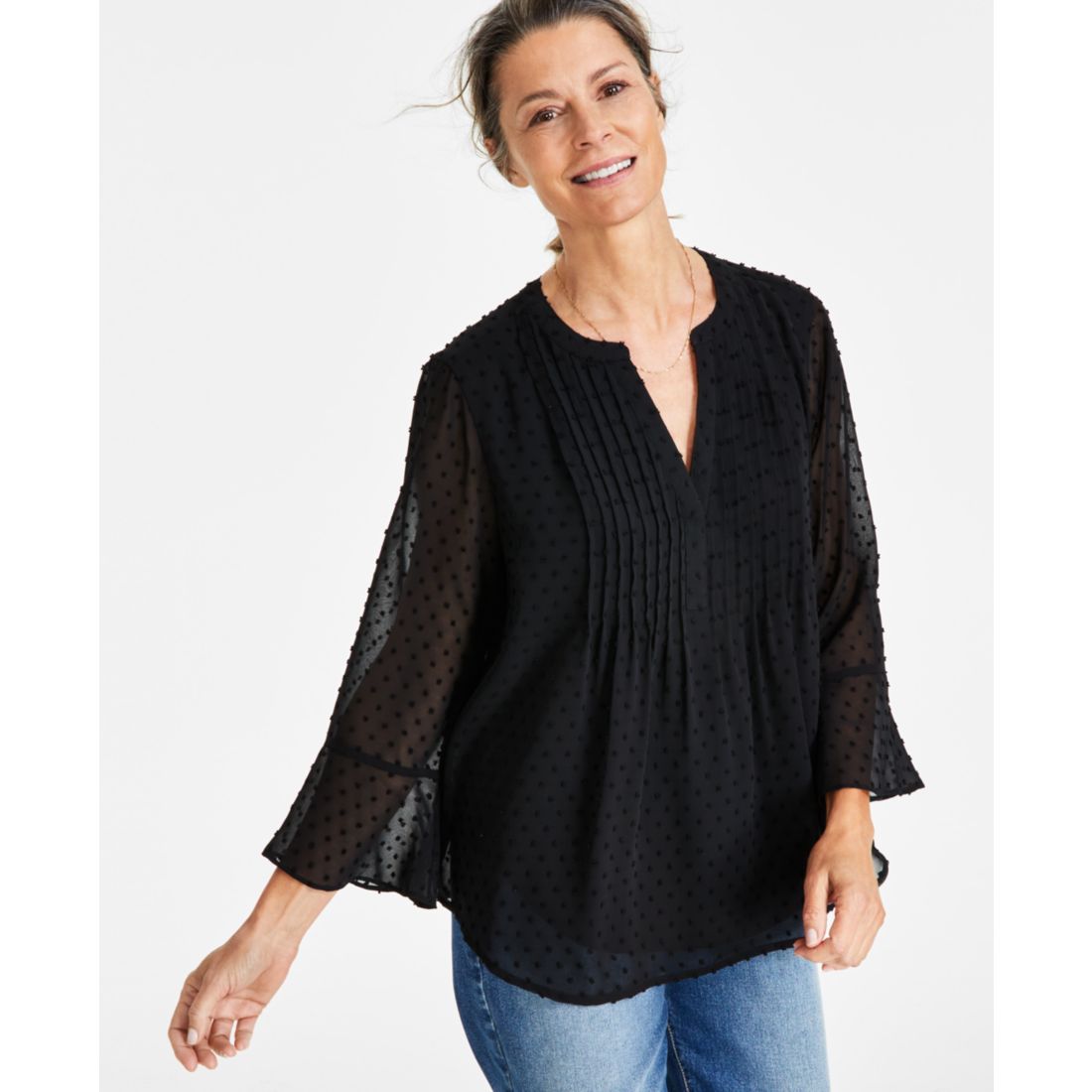 Style & Co Women's Textured Pintuck Ruffle Sleeve Top, Created for Macy's