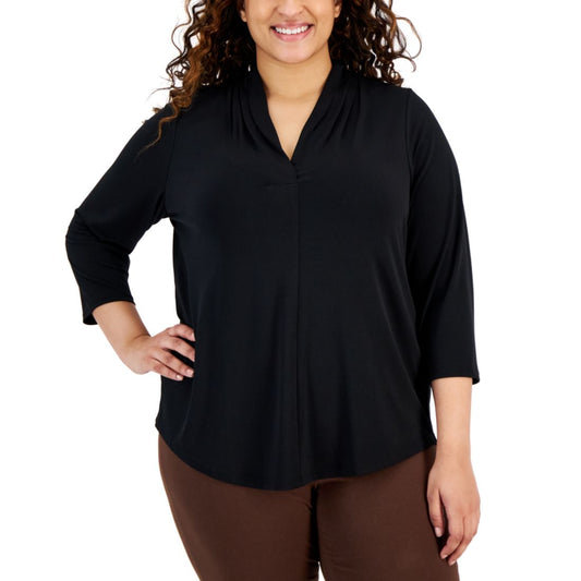 Jm Collection Plus Size Solid V-Neck 3/4-Sleeve Top, Exclusively at Macy's