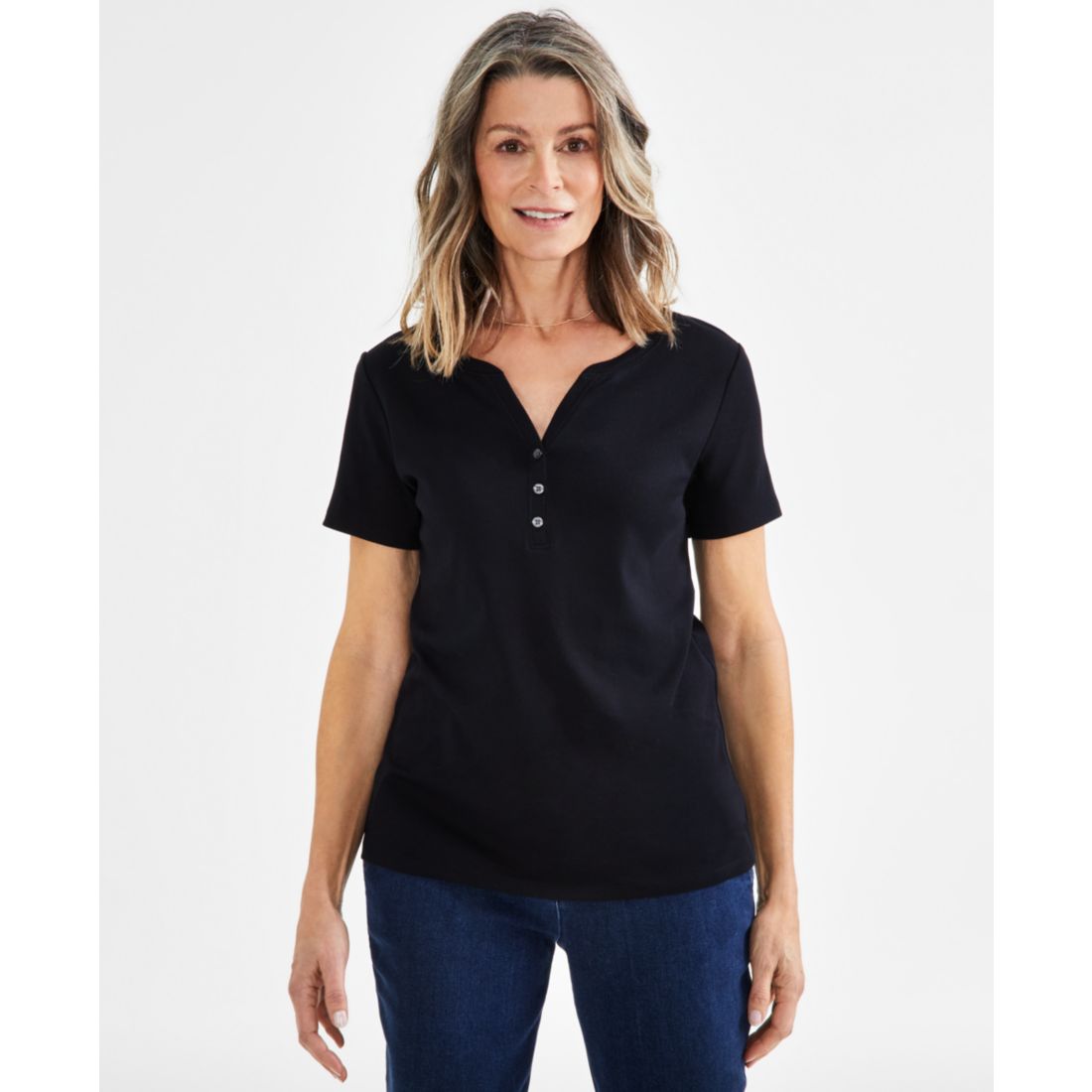 Style & Co Women's Short-Sleeve Cotton Henley Top, Exclusively at Macy's