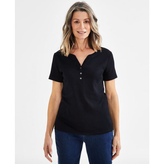 Style & Co Women's Short-Sleeve Cotton Henley Top, Exclusively at Macy's