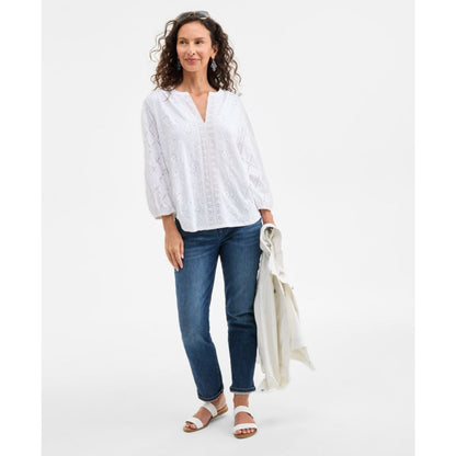 Style & Co Women's Split-Neck Eyelet-Embroidered Top, Exclusively at Macy's