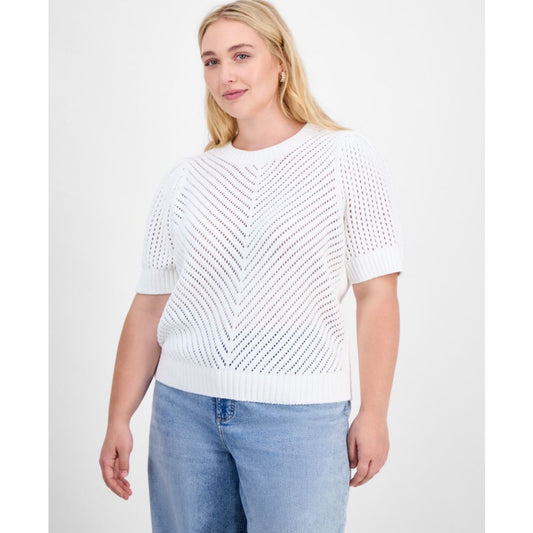 On 34th Trendy Plus Size Diagonal-Knit Puff-Sleeve Sweater, Exclusively at Macy's