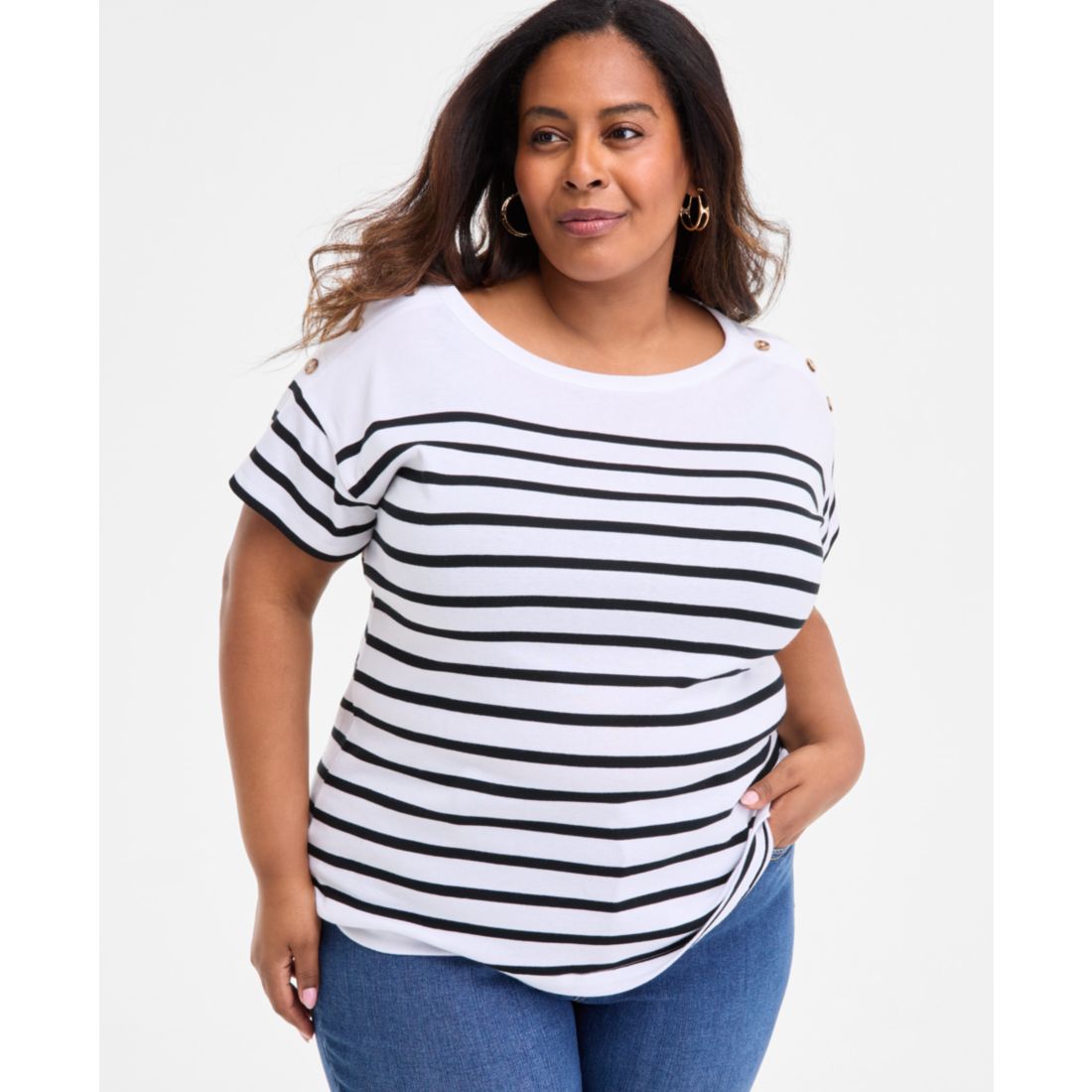 Style & Co Plus Size Stripe Button-Trim T-Shirt, Exclusively at Macy's