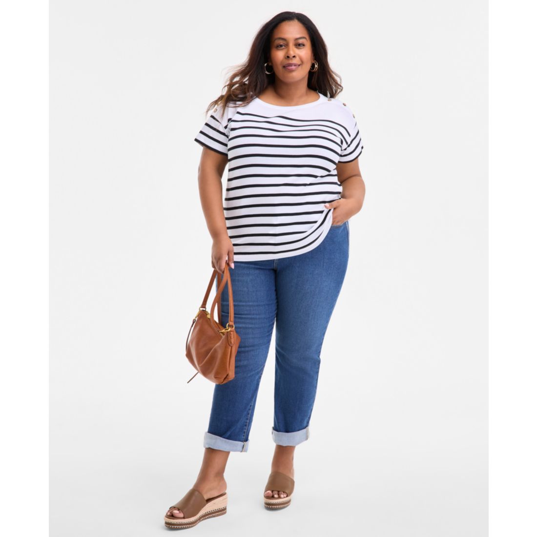 Style & Co Plus Size Stripe Button-Trim T-Shirt, Exclusively at Macy's