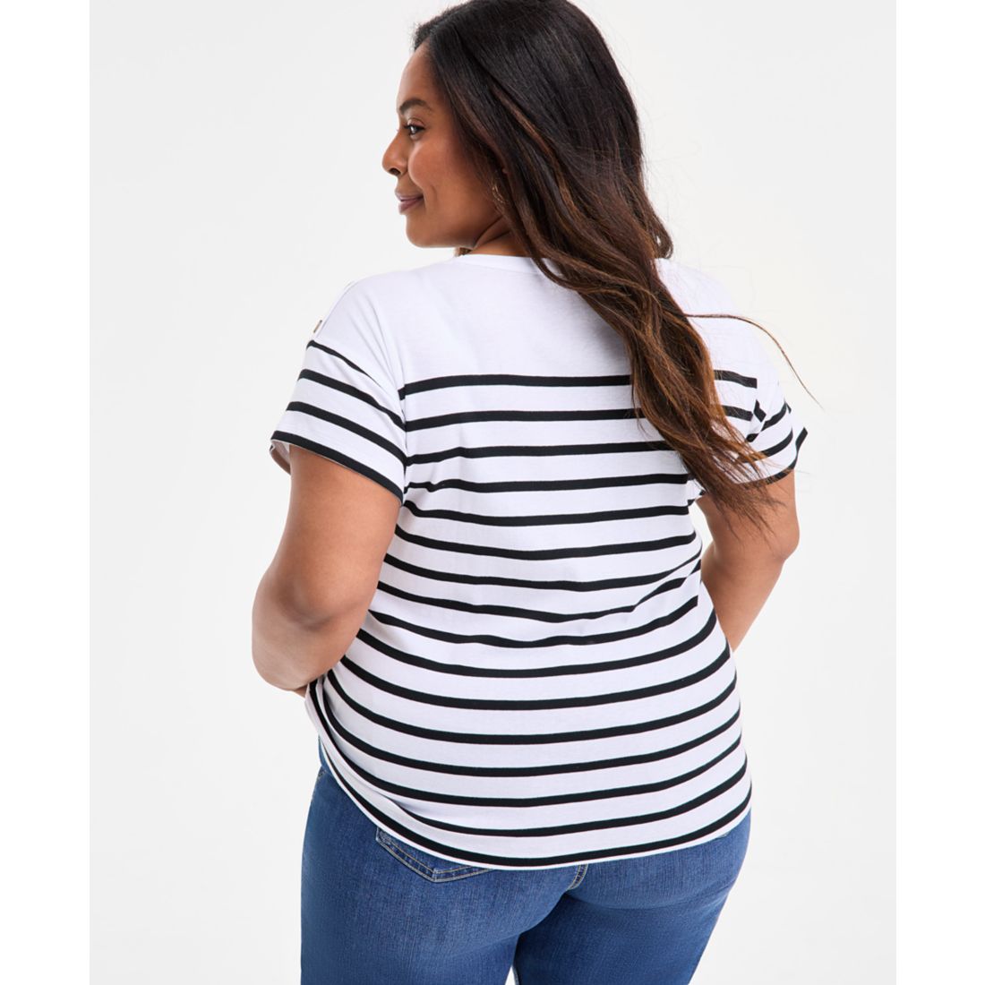 Style & Co Plus Size Stripe Button-Trim T-Shirt, Exclusively at Macy's