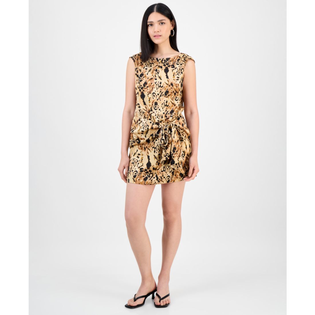 Bar Iii Women's Printed Round-Neck Sarong Mini Satin Dress, Exclusively at Macy's