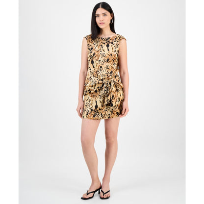 Bar Iii Women's Printed Round-Neck Sarong Mini Satin Dress, Exclusively at Macy's