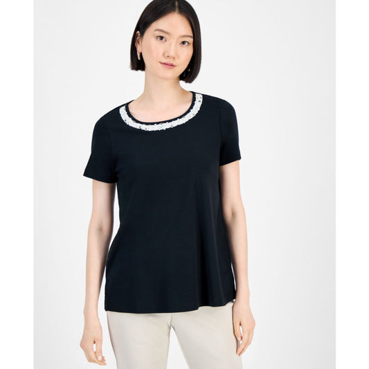 Jm Collection Women's Cotton Beaded-Neck T-Shirt, Exclusively at Macy's