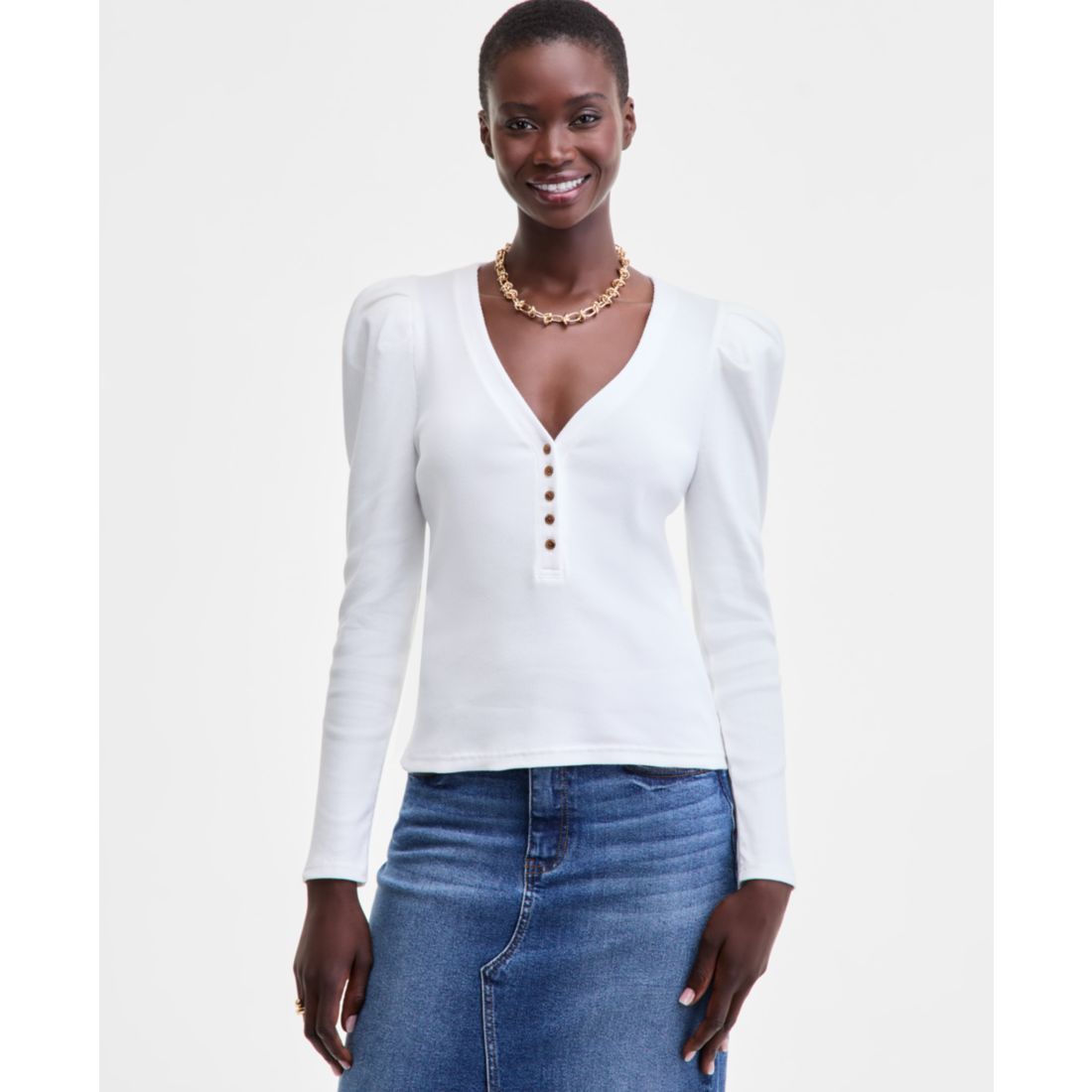 On 34th Women's Puff-Shoulder Long-Sleeve Henley T-Shirt, Macy's Exclusive
