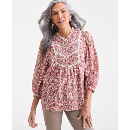 Style & Co Women's Printed Cotton Lace-Trim Blouse, Macy's Exclusive