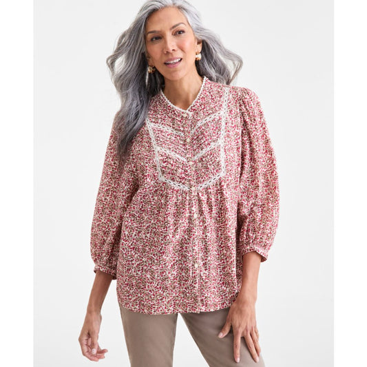 Style & Co Women's Printed Cotton Lace-Trim Blouse, Macy's Exclusive