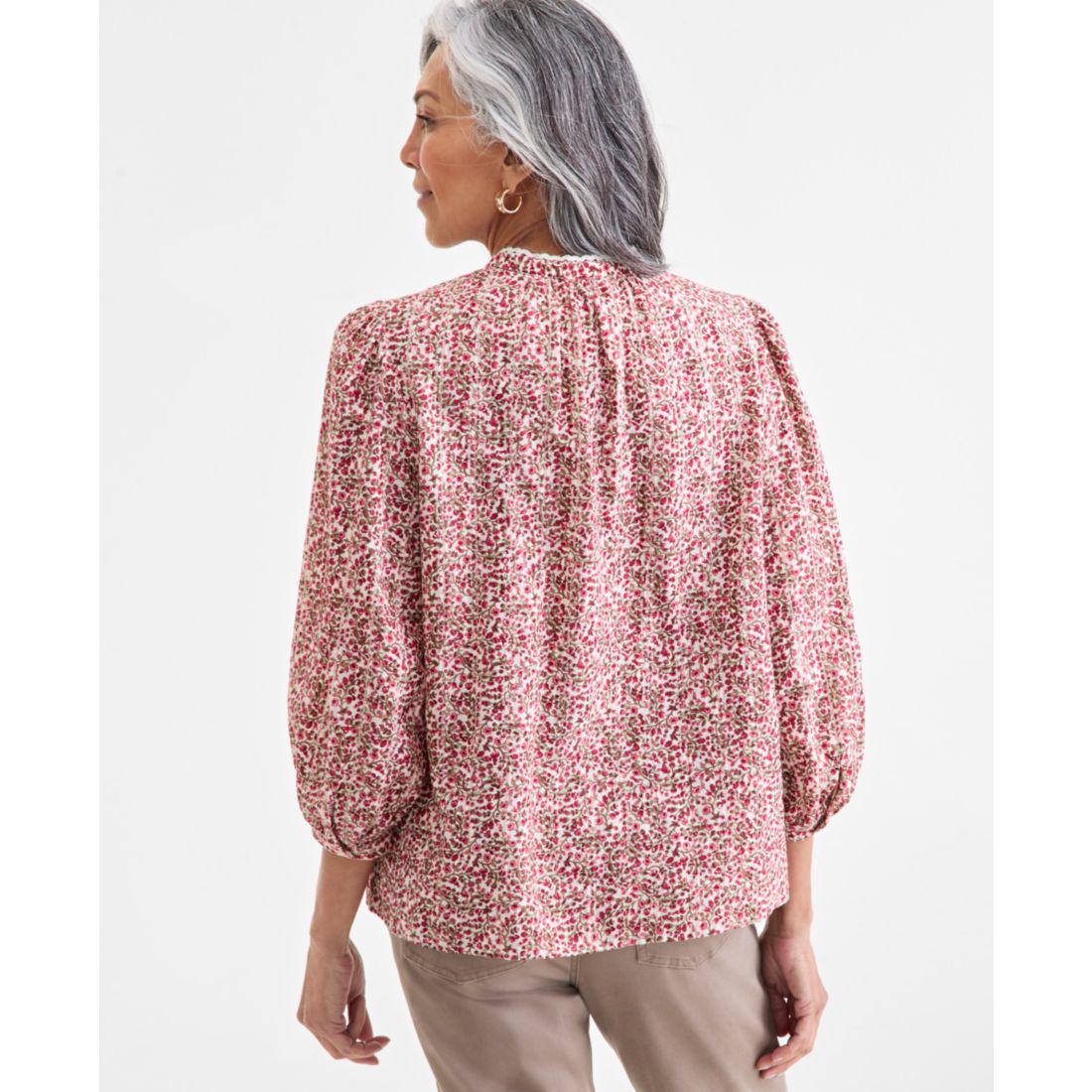 Style & Co Women's Printed Cotton Lace-Trim Blouse, Macy's Exclusive
