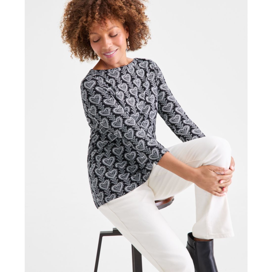 Style & Co Women's Printed Pima Cotton 3/4 Sleeve Boat-Neck Top, Macy's Exclusive