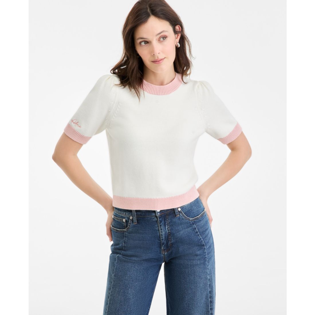 On 34th Women's Embroidered Colorblocked Short-Sleeve Sweater, Macy's Exclusive