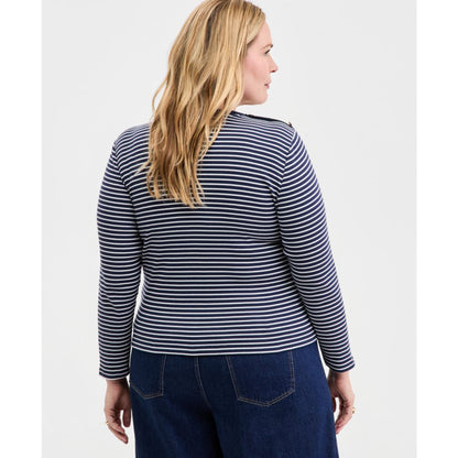 On 34th Trendy Plus Size Striped Button-Shoulder Long-Sleeve T-Shirt, Macy's Exclusive