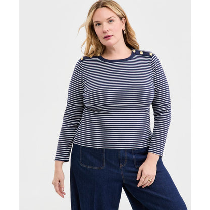 On 34th Trendy Plus Size Striped Button-Shoulder Long-Sleeve T-Shirt, Macy's Exclusive