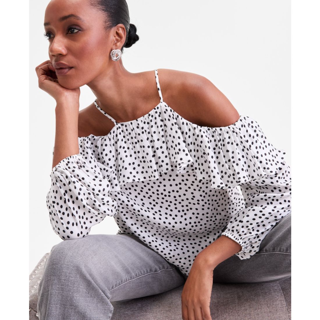 I.n.c. International Concepts Women's Long Sleeve Cold-Shoulder Printed Blouse, Macy's Exclusive