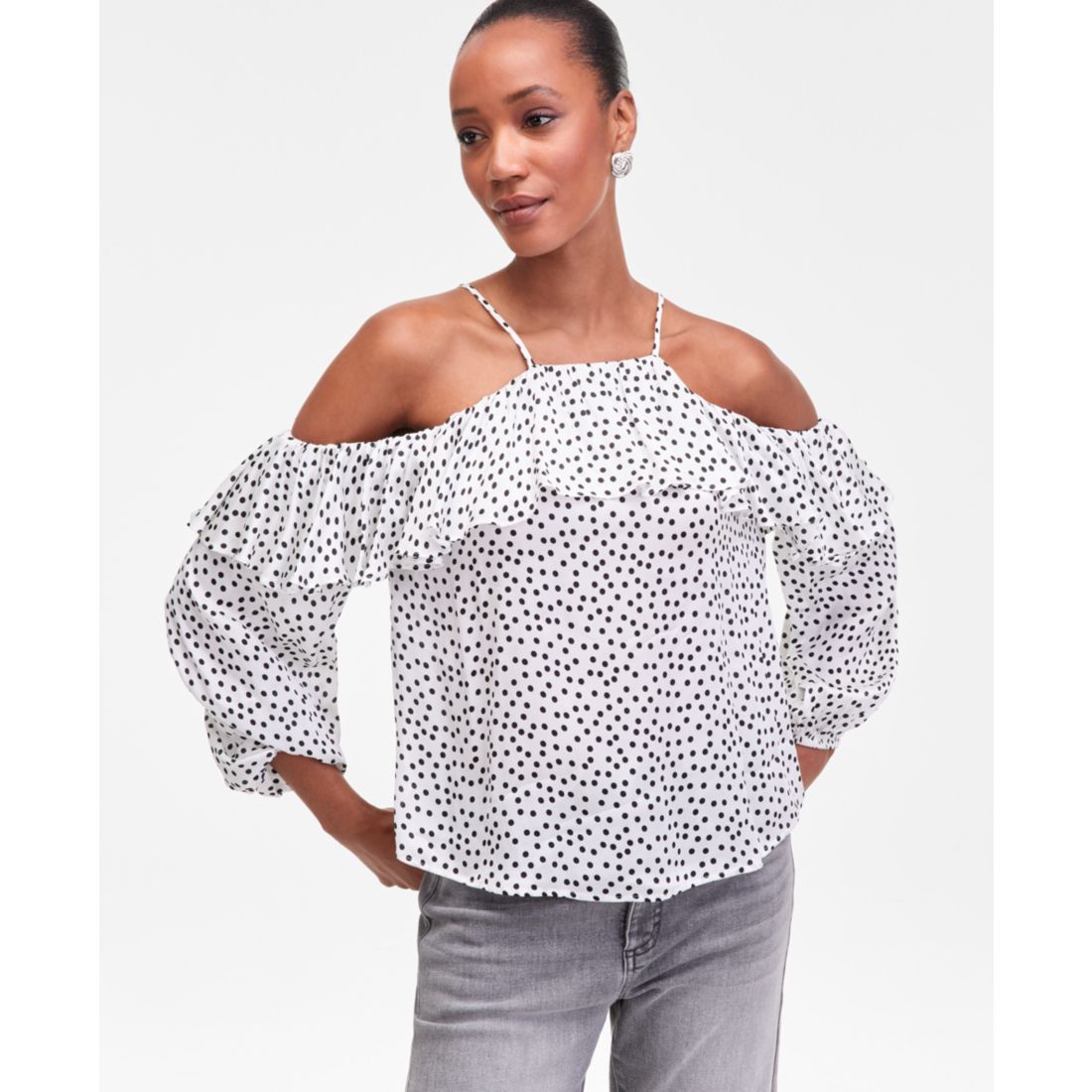I.n.c. International Concepts Women's Long Sleeve Cold-Shoulder Printed Blouse, Macy's Exclusive