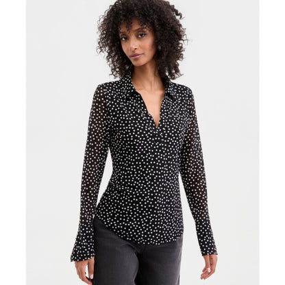 I.n.c. International Concepts Women's Long-Sleeve Printed Mesh Collared Top, Macy's Exclusive