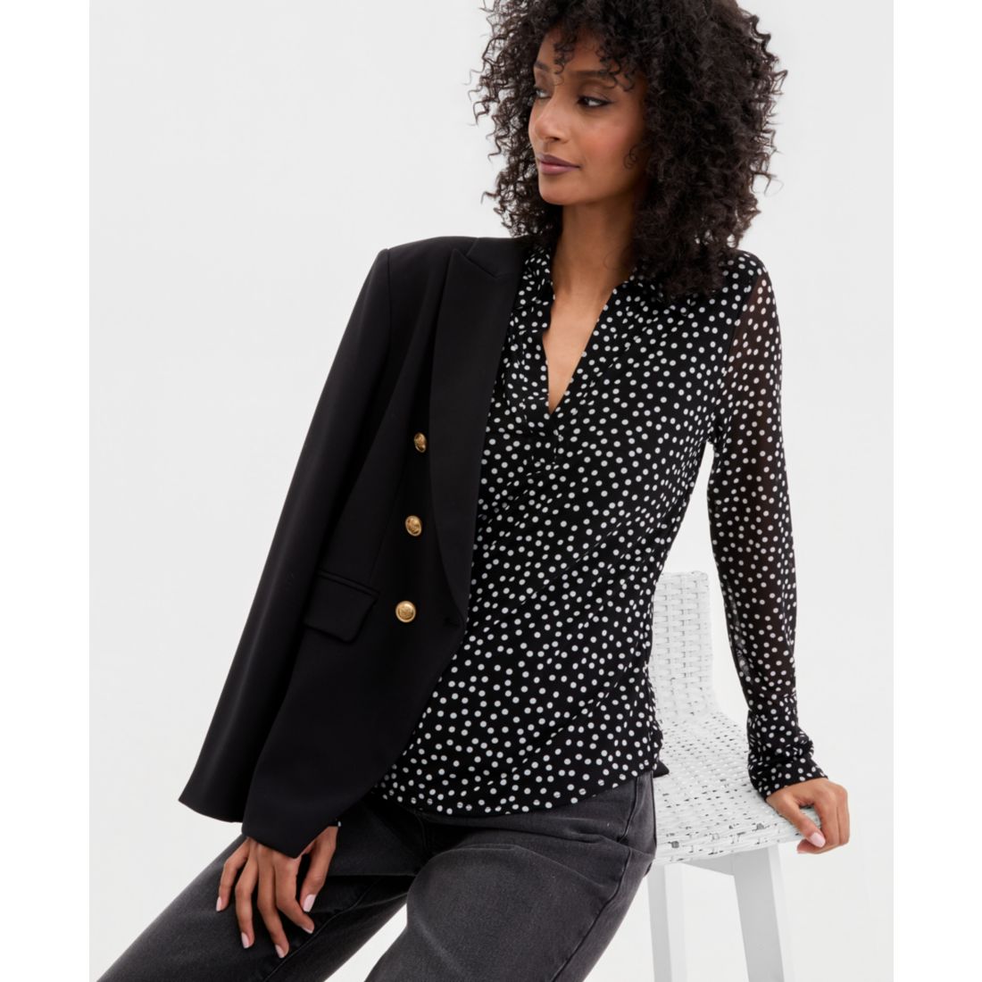 I.n.c. International Concepts Women's Long-Sleeve Printed Mesh Collared Top, Macy's Exclusive