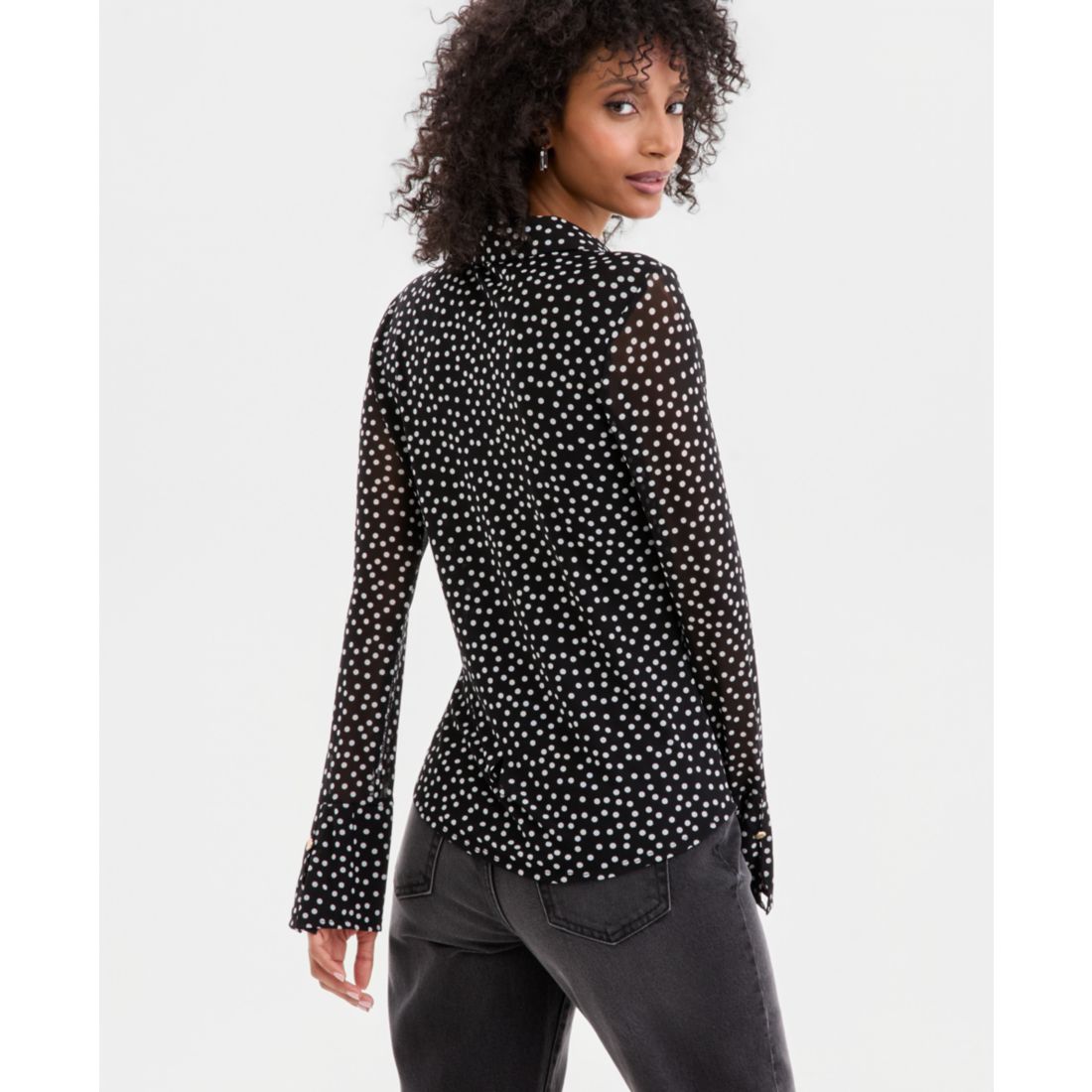 I.n.c. International Concepts Women's Long-Sleeve Printed Mesh Collared Top, Macy's Exclusive