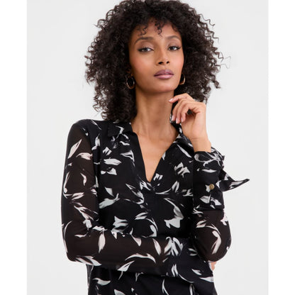 I.n.c. International Concepts Women's Long-Sleeve Printed Mesh Collared Top, Macy's Exclusive