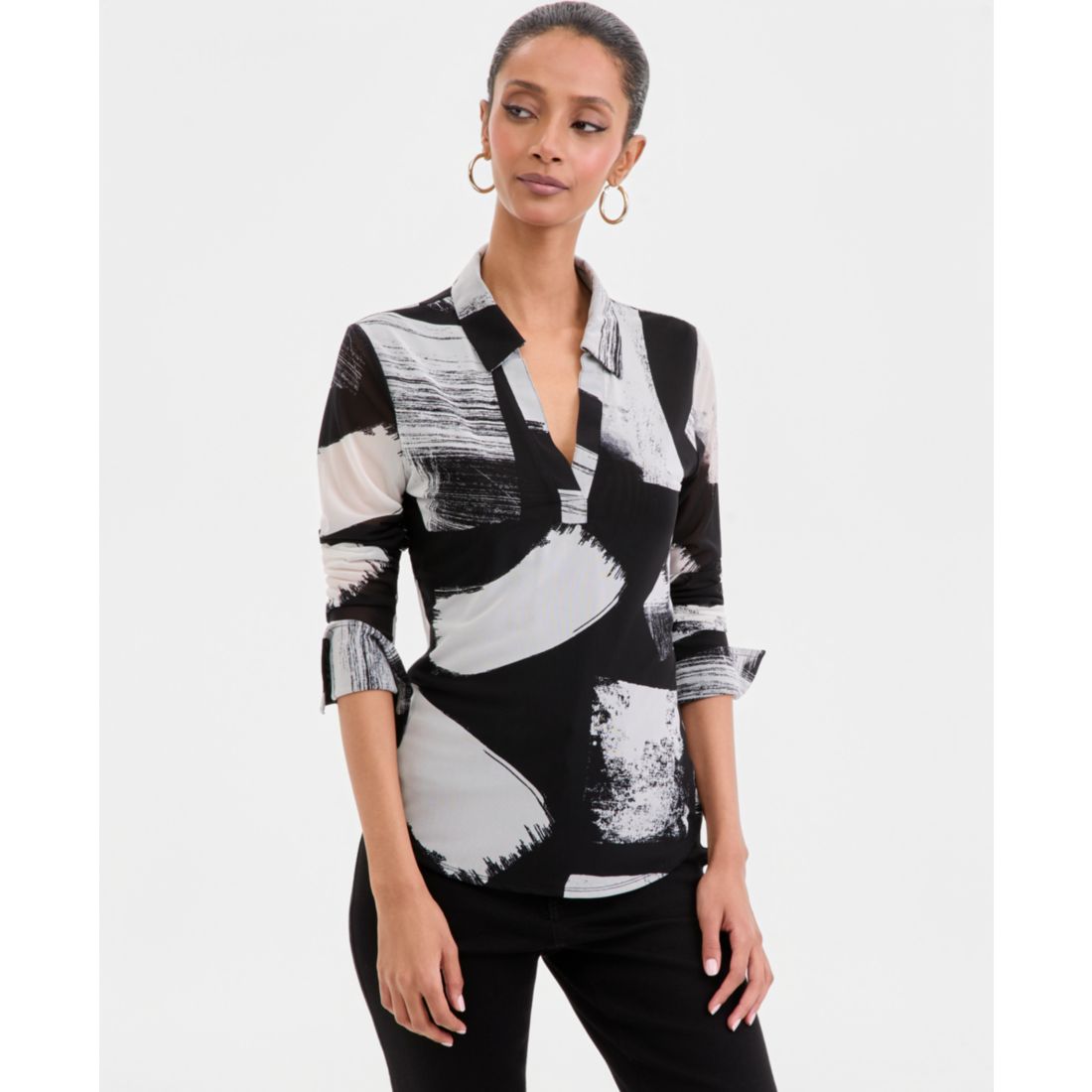 I.n.c. International Concepts Women's Long-Sleeve Printed Mesh Collared Top, Macy's Exclusive