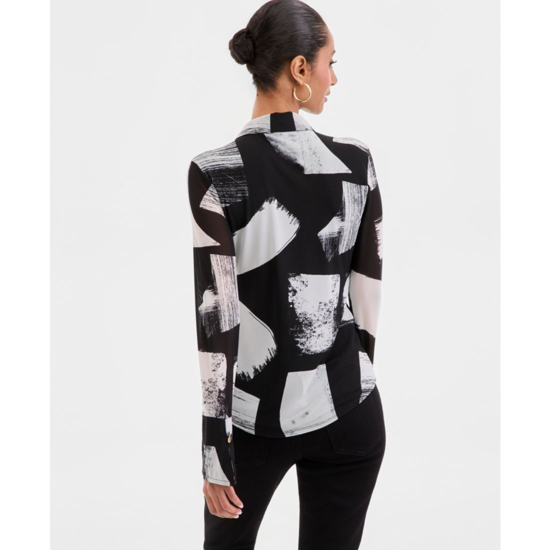 I.n.c. International Concepts Women's Long-Sleeve Printed Mesh Collared Top, Macy's Exclusive
