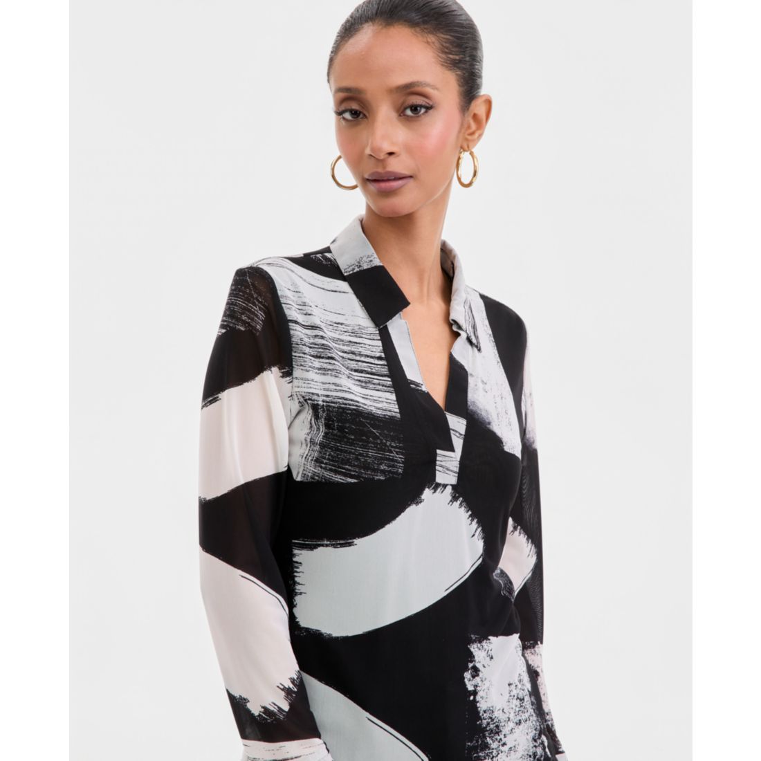 I.n.c. International Concepts Women's Long-Sleeve Printed Mesh Collared Top, Macy's Exclusive