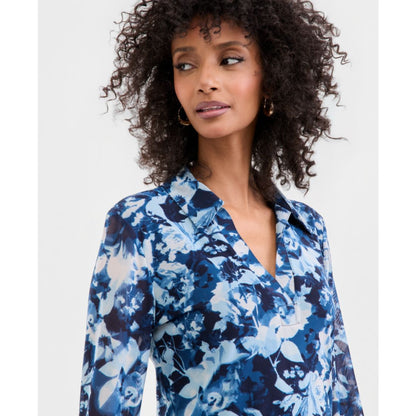I.n.c. International Concepts Women's Long-Sleeve Printed Mesh Collared Top, Macy's Exclusive