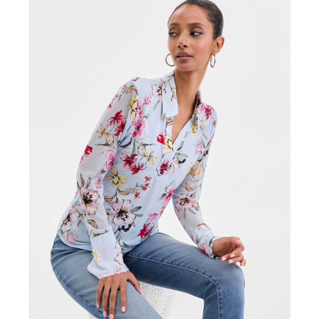 I.n.c. International Concepts Women's Long-Sleeve Printed Mesh Collared Top, Macy's Exclusive