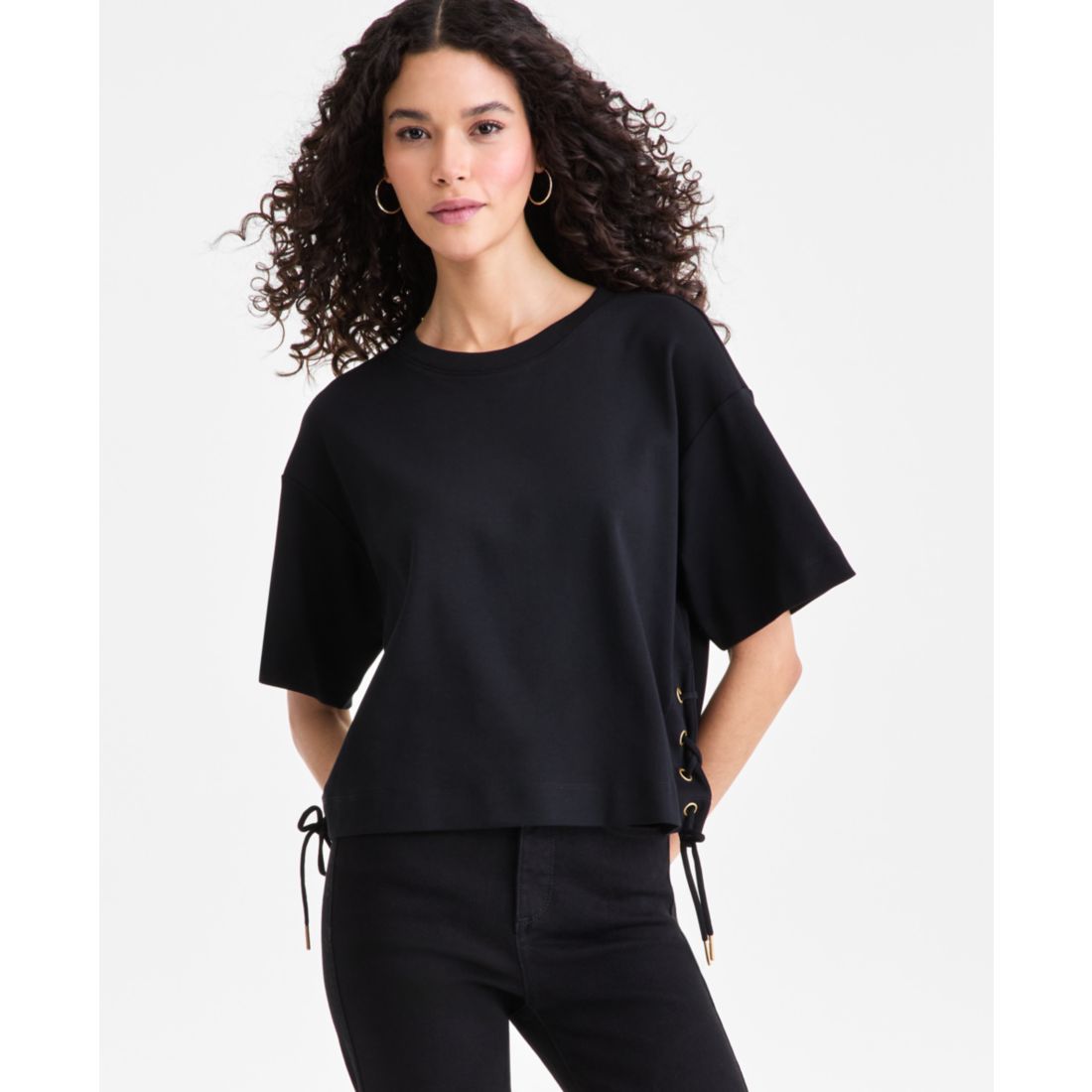 I.n.c. International Concepts Women's Cotton Lace-Up-Hem T-Shirt, Macy's Exclusive