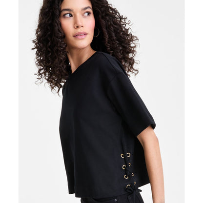 I.n.c. International Concepts Women's Cotton Lace-Up-Hem T-Shirt, Macy's Exclusive