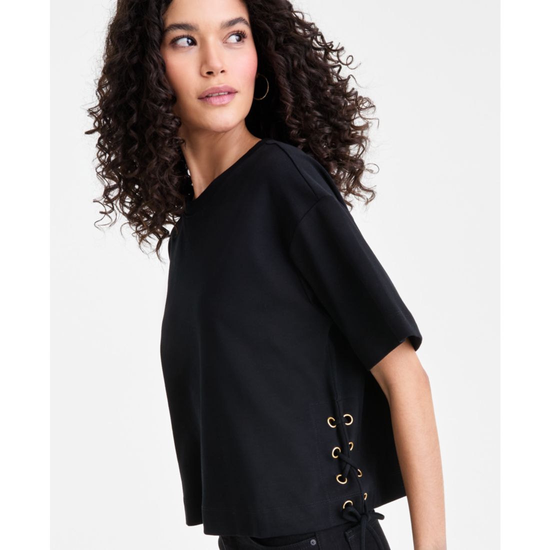 I.n.c. International Concepts Women's Cotton Lace-Up-Hem T-Shirt, Macy's Exclusive
