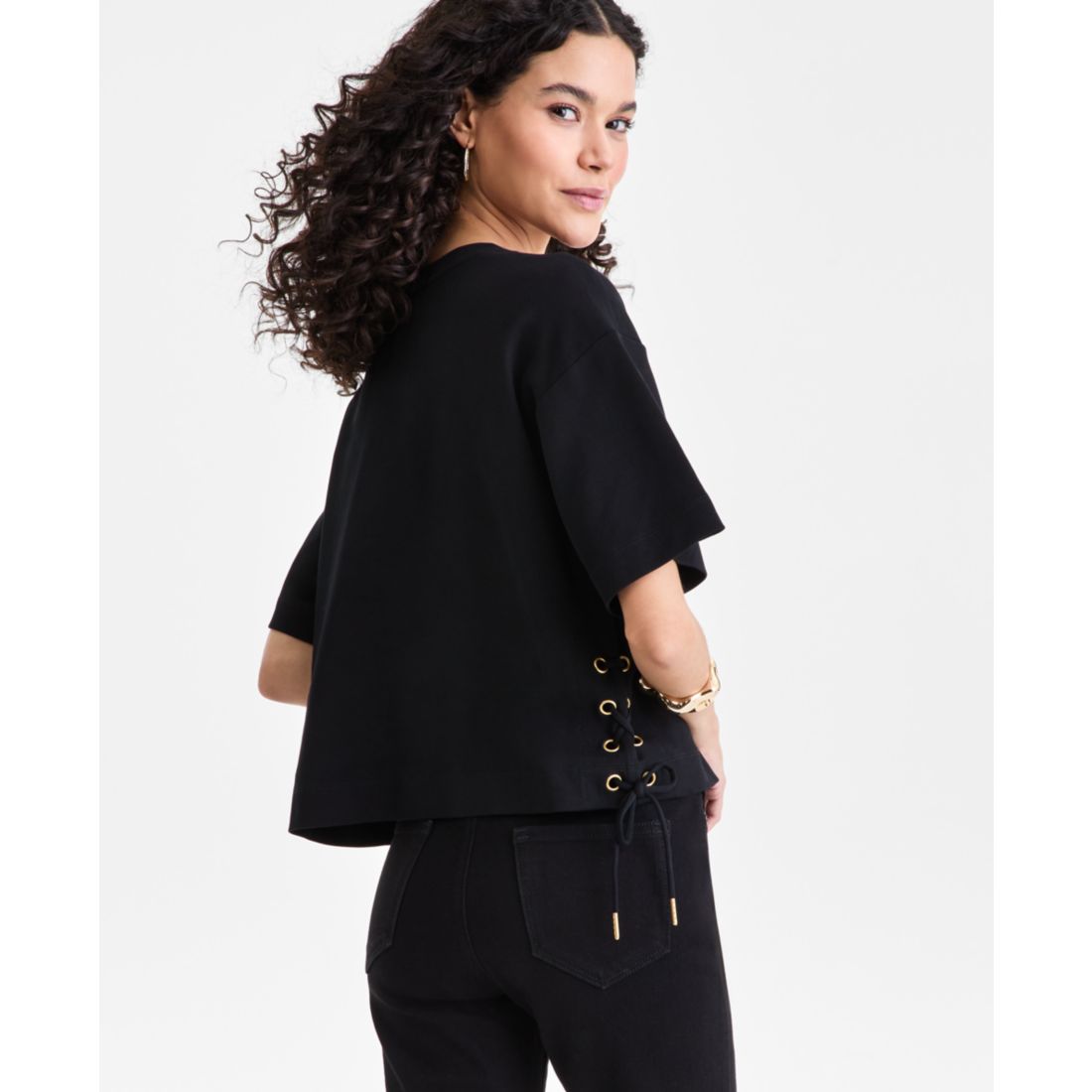 I.n.c. International Concepts Women's Cotton Lace-Up-Hem T-Shirt, Macy's Exclusive