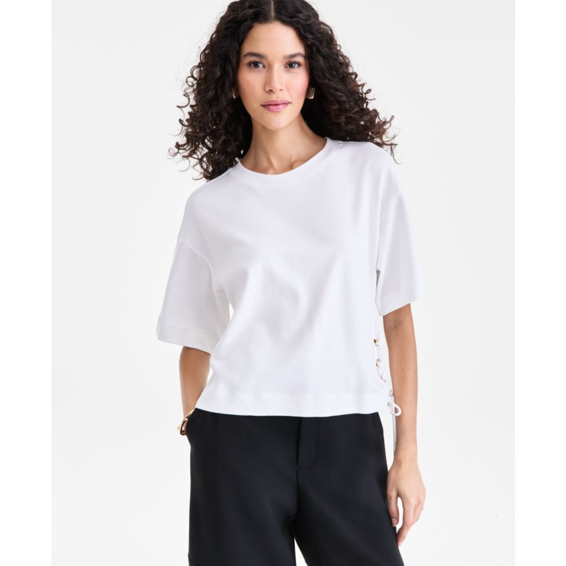 I.n.c. International Concepts Women's Cotton Lace-Up-Hem T-Shirt, Macy's Exclusive