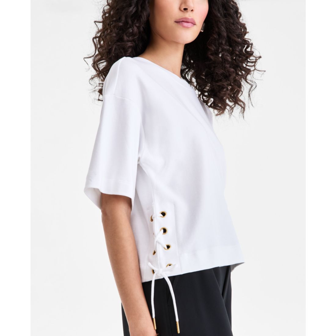 I.n.c. International Concepts Women's Cotton Lace-Up-Hem T-Shirt, Macy's Exclusive