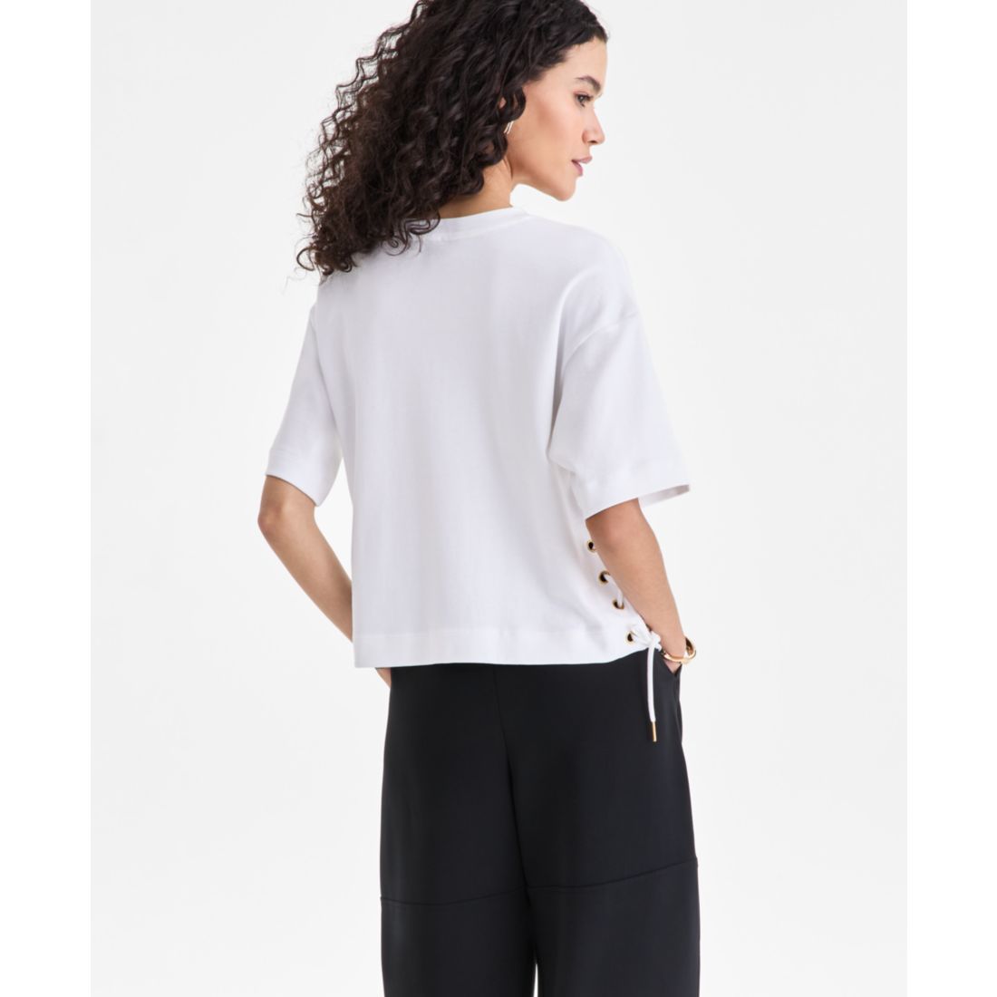 I.n.c. International Concepts Women's Cotton Lace-Up-Hem T-Shirt, Macy's Exclusive