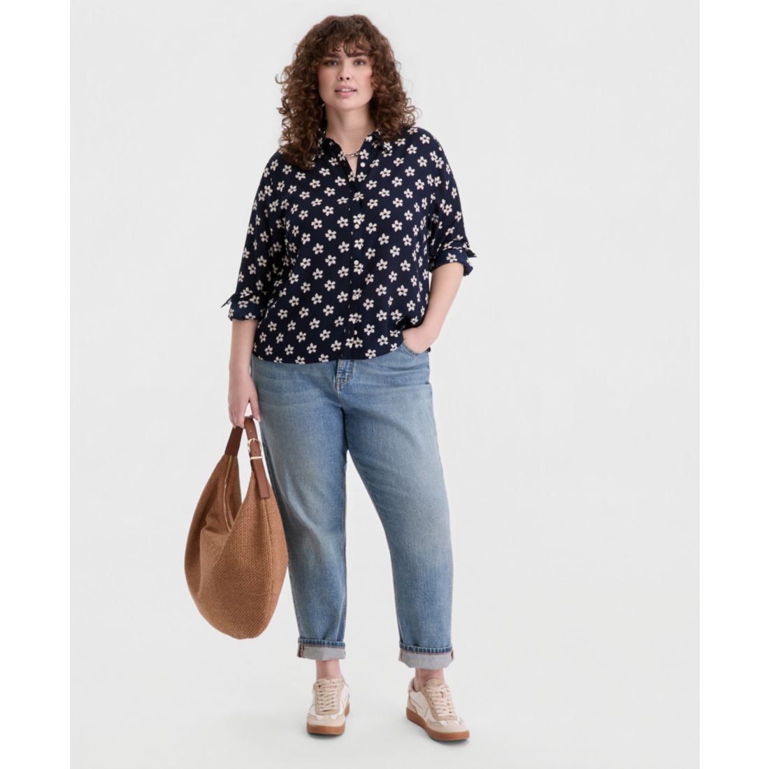 On 34th Trendy Plus Size Bloom Print Cropped Shirt, Macy's Exclusive