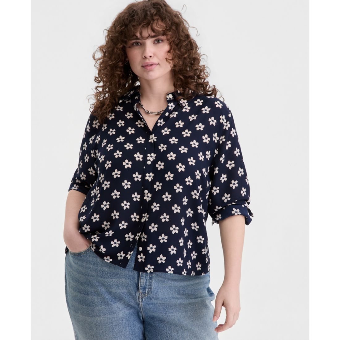 On 34th Trendy Plus Size Bloom Print Cropped Shirt, Macy's Exclusive