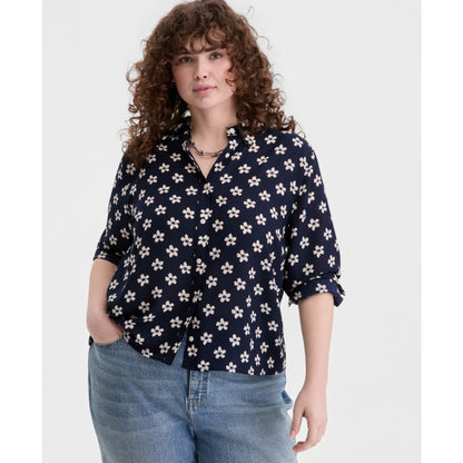 On 34th Trendy Plus Size Bloom Print Cropped Shirt, Macy's Exclusive