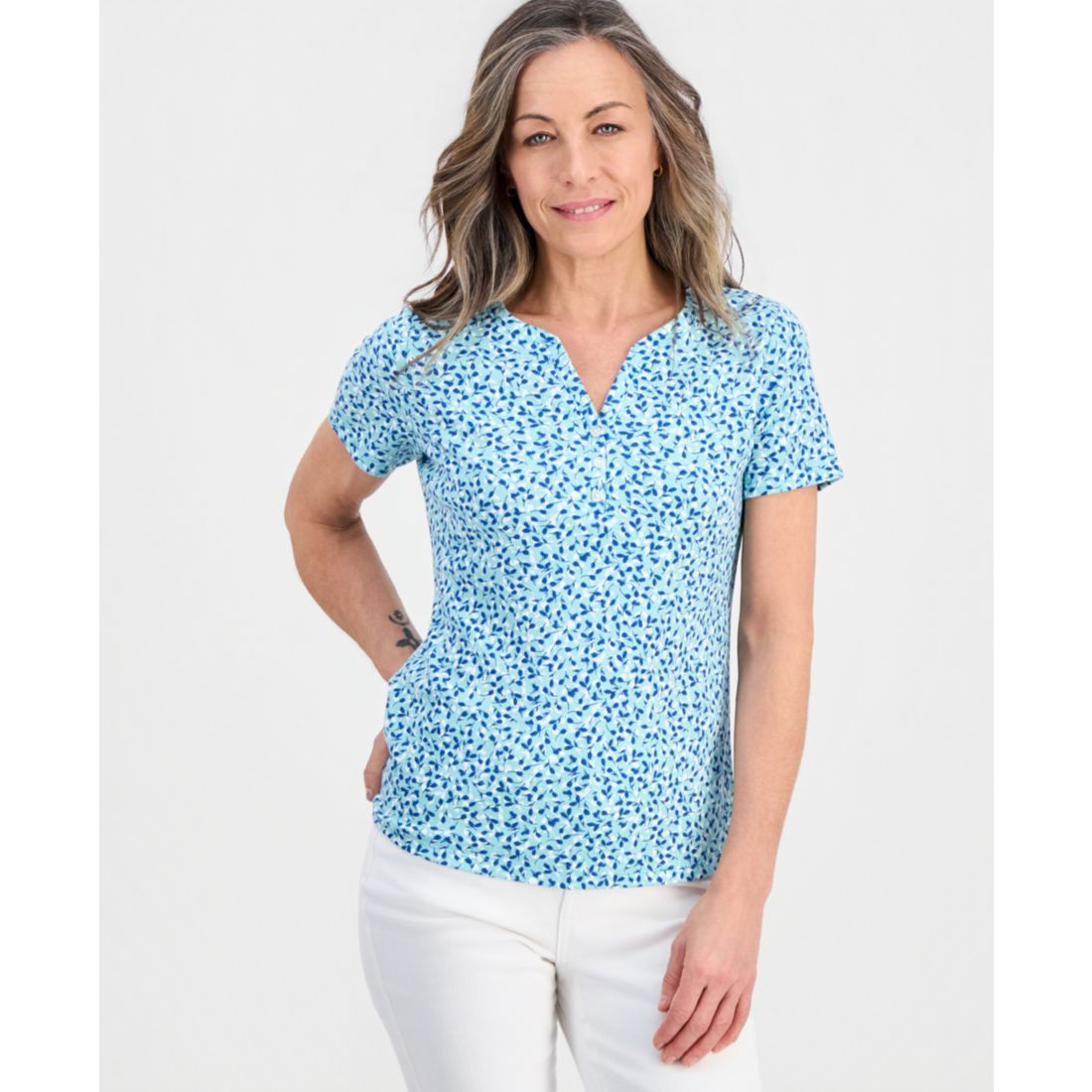 Style & Co Petite Scattered Buds Henley Short-Sleeve T-Shirt, Macy's Exclusive